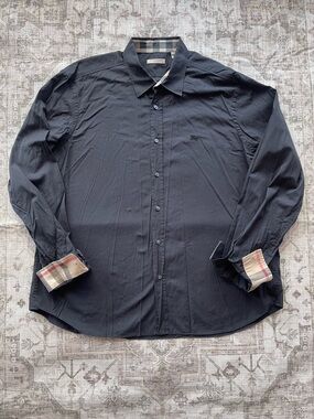 Burberry Black Long-Sleeve Button-Down Shirt with Plaid Cuff Trim